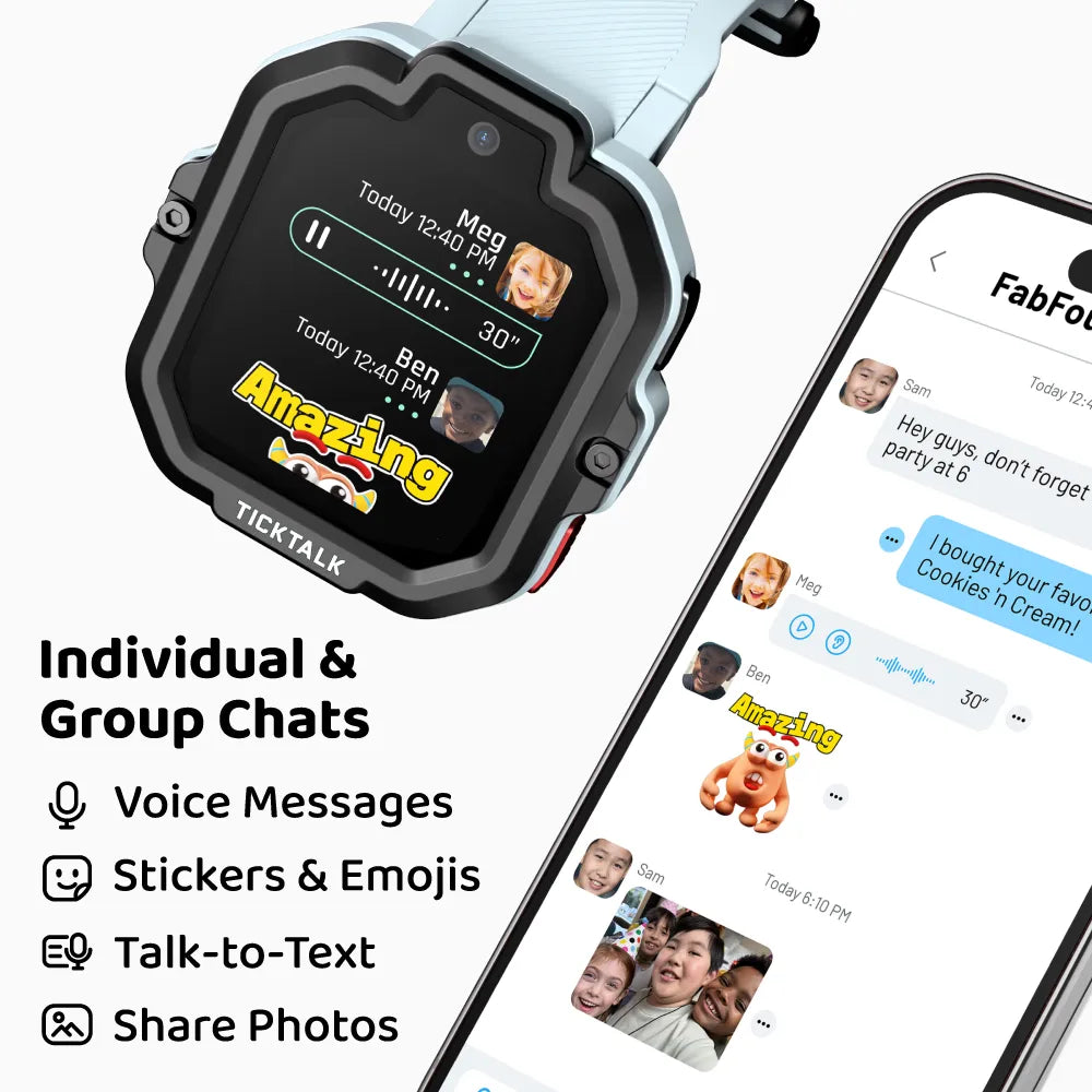 TickTalk 5 Smartwatch in Gray Group Chat Features – Voice Messages, Emojis, Talk-to-Text #gray