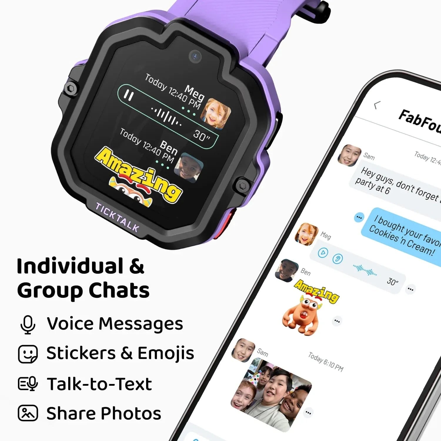 TickTalk 5 Smartwatch in Purple Group Chat Features – Voice Messages, Emojis, Talk-to-Text #purple