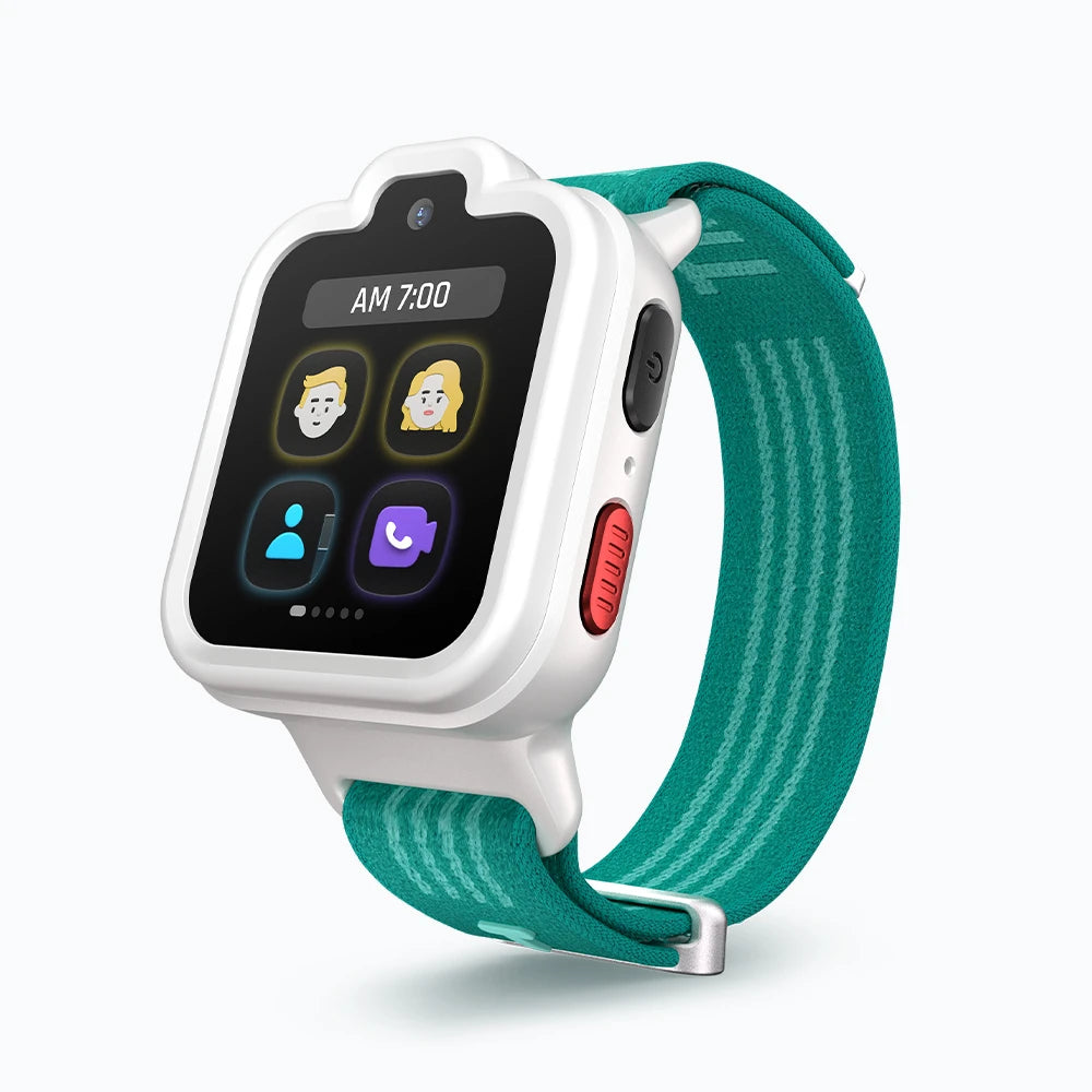 Lunar White TickTalk 6 kids smartwatch with a teal band, three-quarter view.