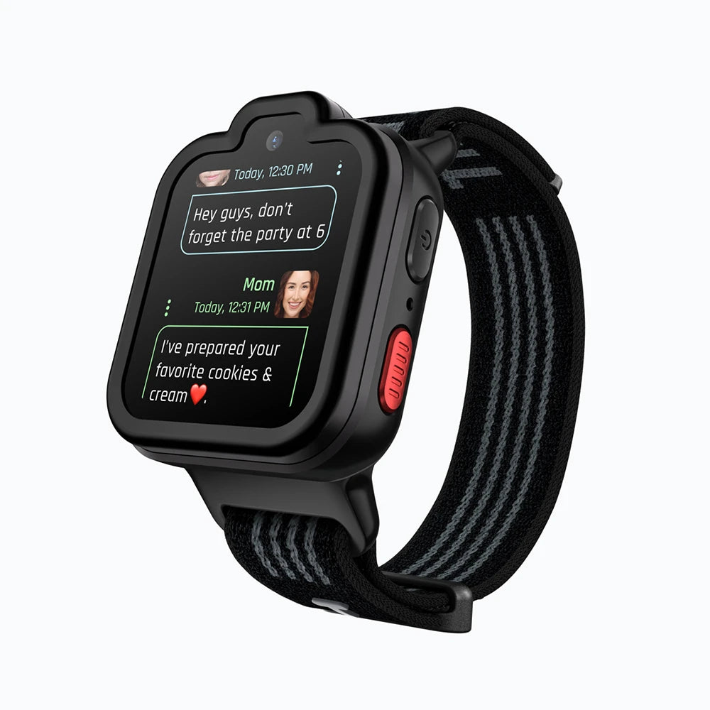 Black TickTalk 6 kids smartwatch displaying a family group chat. 