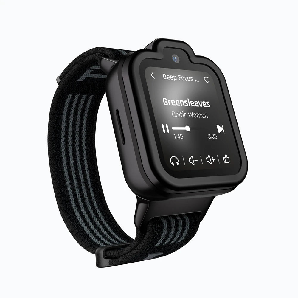 Black TickTalk 6 kids smartwatch displaying its music player. 