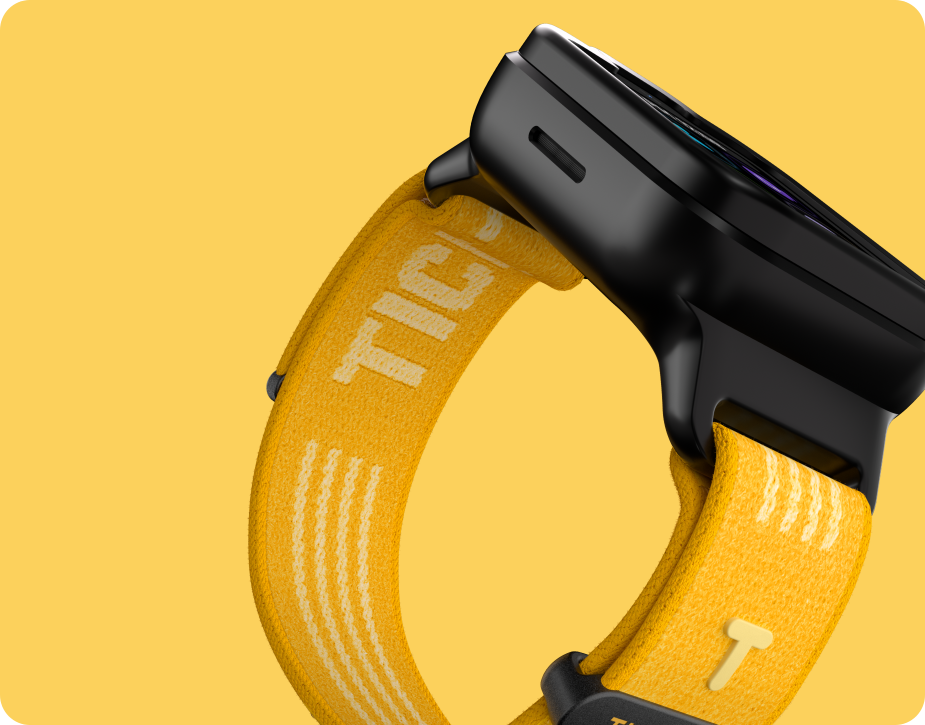 Black TickTalk 6 kids smartwatch with a yellow stretch-fit band