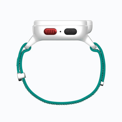 Lunar White TickTalk 6 kids smartwatch with a teal band, side view.