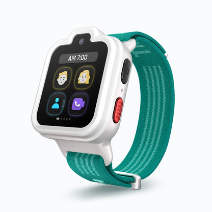 Lunar White TickTalk 6 kids smartwatch with a teal band, three-quarter view.
