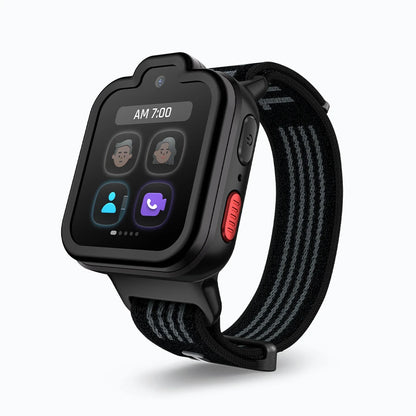 Orbit Black TickTalk 6 kids smartwatch, three-quarter view.
