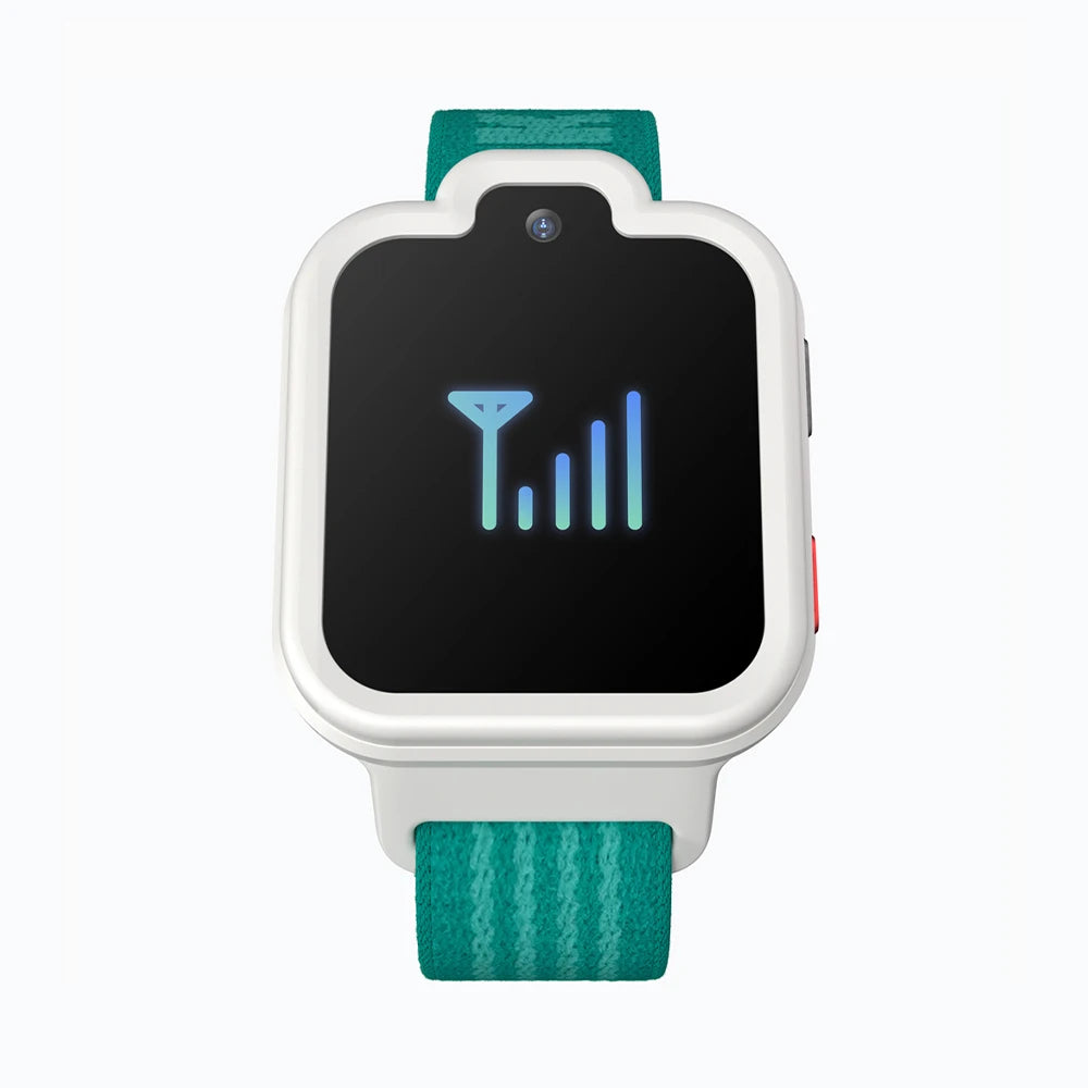 White and green TickTalk 6 kids smartwatch displaying cellular signal status. 