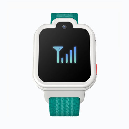 White and green TickTalk 6 kids smartwatch displaying cellular signal status. 