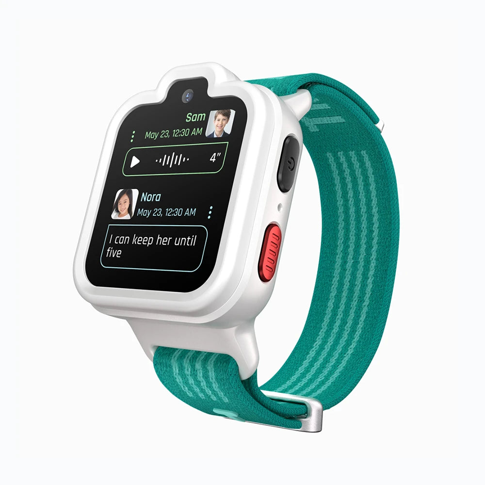 White and green TickTalk 6 kids smartwatch displaying a family group chat. 