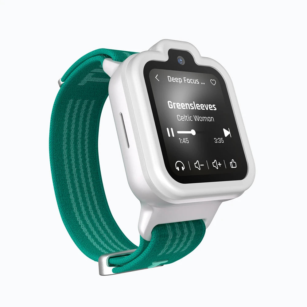 White and green TickTalk 6 kids smartwatch displaying its music player. 